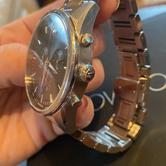 Mens Movado Watch, silver band black face. - Picture 7 of 10